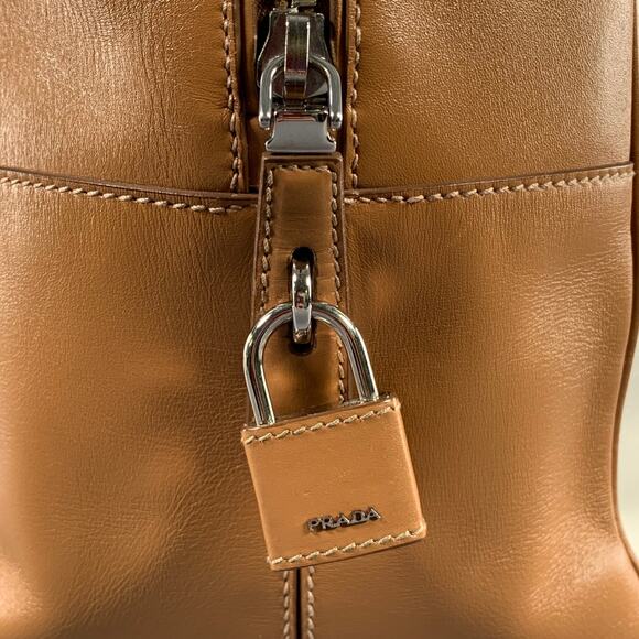 PRADA Tan Cream Color Block Leather Overnight Bags - Picture 11 of 15